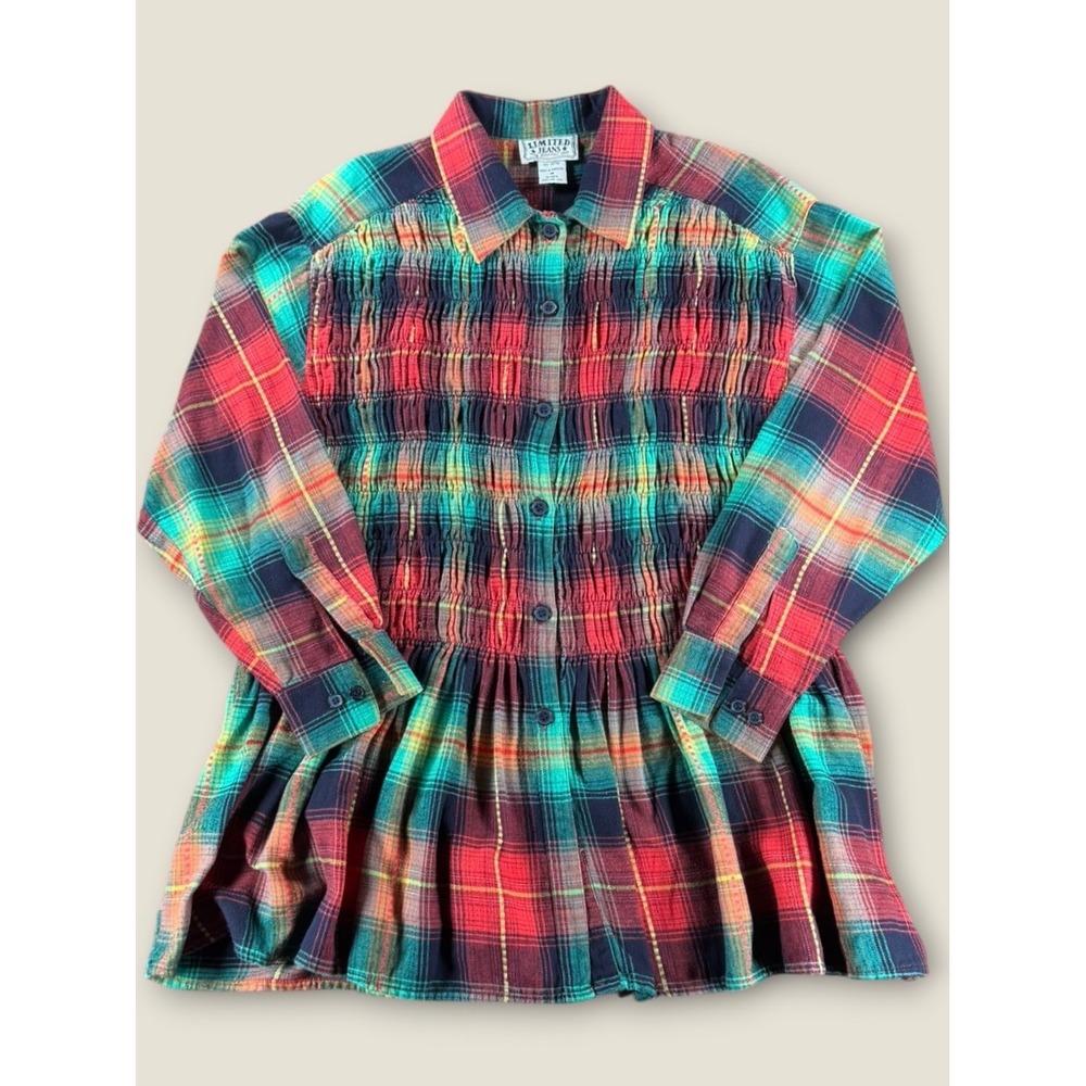 Limited Jeans Vintage Plaid Smocked Babydoll Tunic Flannel Shirt Womens Medium